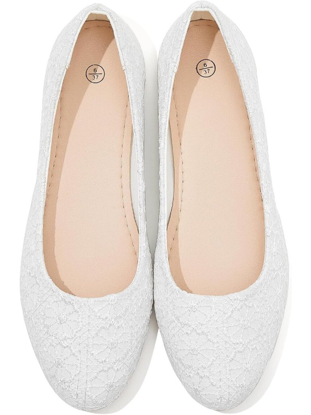 Women's White Round Toe Lace Mesh Ballet Flats Comfortable Low Heel Shoes